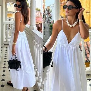 White v neck spaghetti straps fully lined gabardine midi dress, open back